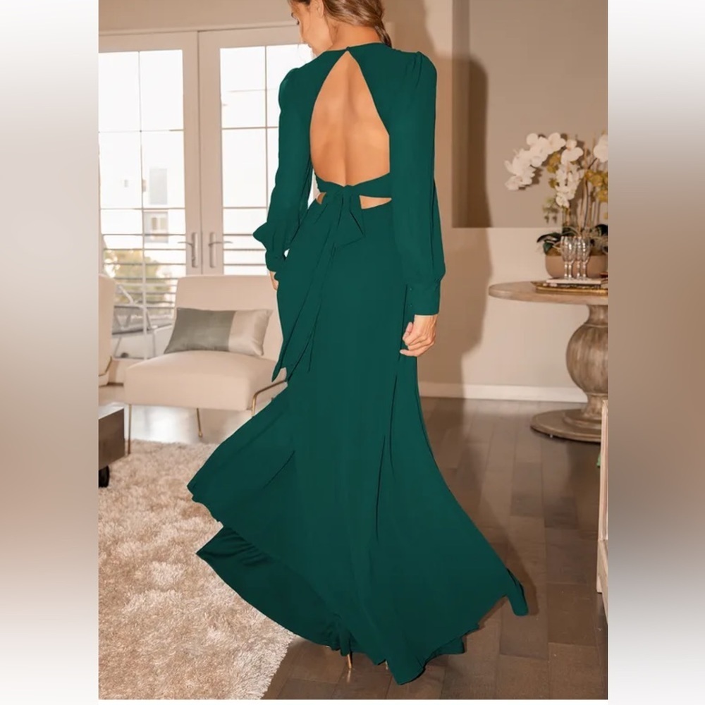 Lulu’s Talk About Divine Long Sleeve Backless Maxi Dress Hunter Green XS